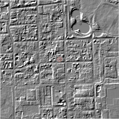 Shaded relief map of the ground around M168RH, computed from Environment Agency LiDAR. The ground here sits at about 30 m above sea level and falls 6 m across the surrounding 800 m. Surface water reaching this point runs off ground lying to the south-south-west, 0.8 m higher.