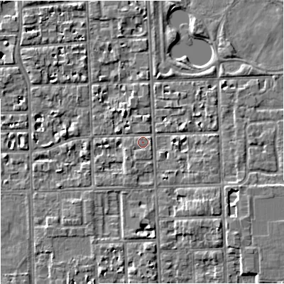 Shaded relief map of the ground around M168RX, computed from Environment Agency LiDAR. The ground here sits at about 30 m above sea level and falls 6 m across the surrounding 800 m. Surface water reaching this point runs off ground lying to the south-west, 0.9 m higher.