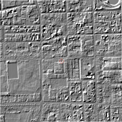 Shaded relief map of the ground around M168SA, computed from Environment Agency LiDAR. The ground here sits at about 30 m above sea level and falls 6 m across the surrounding 800 m. Surface water reaching this point runs off ground lying to the east-south-east, 4.0 m higher.