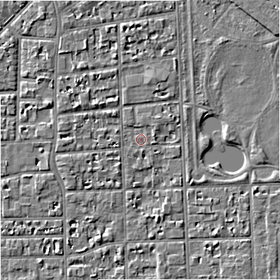 Shaded relief map of the ground around M168SP, computed from Environment Agency LiDAR. The ground here sits at about 30 m above sea level and falls 6 m across the surrounding 800 m. Surface water reaching this point runs off ground lying to the west-north-west, 2.4 m higher.