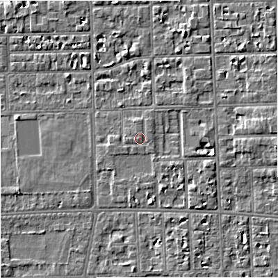 Shaded relief map of the ground around M168TA, computed from Environment Agency LiDAR. The ground here sits at about 30 m above sea level and falls 4 m across the surrounding 800 m. Surface water reaching this point runs off ground lying to the east-north-east, 0.5 m higher.
