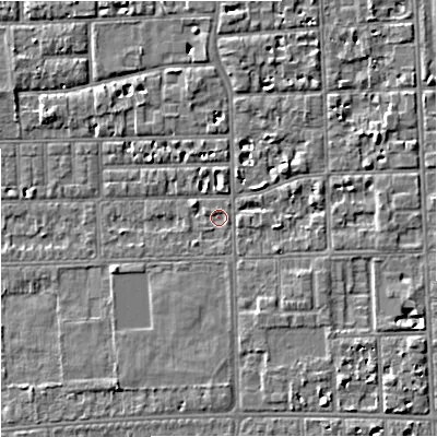 Shaded relief map of the ground around M168WA, computed from Environment Agency LiDAR. The ground here sits at about 29 m above sea level and falls 5 m across the surrounding 800 m. Surface water reaching this point runs off ground lying to the east-north-east, 3.2 m higher.