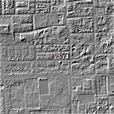 Shaded relief map of the ground around M168WB, computed from Environment Agency LiDAR. The ground here sits at about 29 m above sea level and falls 5 m across the surrounding 800 m. Surface water reaching this point runs off ground lying to the east-north-east, 3.1 m higher.