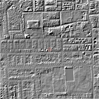 Shaded relief map of the ground around M168WD, computed from Environment Agency LiDAR. The ground here sits at about 29 m above sea level and falls 5 m across the surrounding 800 m. Surface water reaching this point runs off ground lying to the north-east, 2.6 m higher.