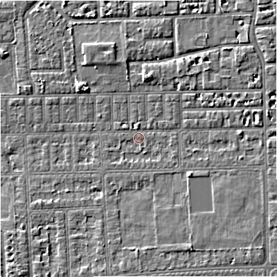 Shaded relief map of the ground around M168WE, computed from Environment Agency LiDAR. The ground here sits at about 29 m above sea level and falls 5 m across the surrounding 800 m. Surface water reaching this point runs off ground lying to the north-east, 2.9 m higher.