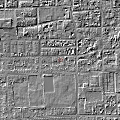 Shaded relief map of the ground around M168WF, computed from Environment Agency LiDAR. The ground here sits at about 29 m above sea level and falls 5 m across the surrounding 800 m. Surface water reaching this point runs off ground lying to the east-north-east, 3.1 m higher.