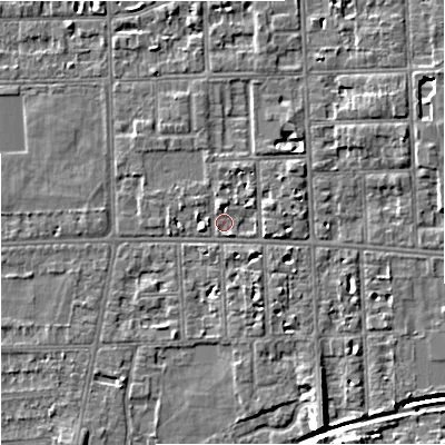 Shaded relief map of the ground around M168WH, computed from Environment Agency LiDAR. The ground here sits at about 30 m above sea level and falls 8 m across the surrounding 800 m. Surface water reaching this point runs off ground lying to the north-north-west, 1.8 m higher.