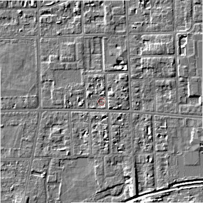 Shaded relief map of the ground around M168WP, computed from Environment Agency LiDAR. The ground here sits at about 30 m above sea level and falls 8 m across the surrounding 800 m. Surface water reaching this point runs off ground lying to the north-west, 1.0 m higher.