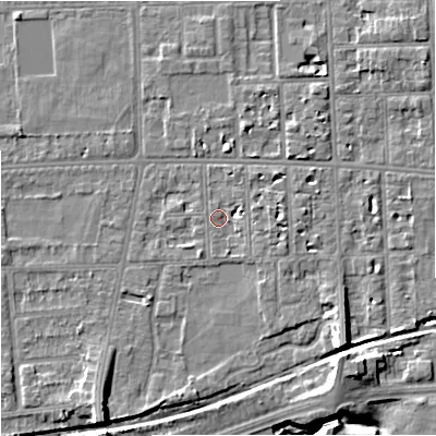 Shaded relief map of the ground around M168WQ, computed from Environment Agency LiDAR. The ground here sits at about 30 m above sea level and falls 9 m across the surrounding 800 m. Surface water reaching this point runs off ground lying to the east-north-east, 2.0 m higher.