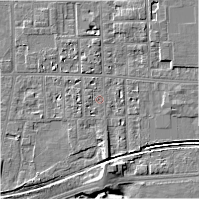 Shaded relief map of the ground around M168WU, computed from Environment Agency LiDAR. The ground here sits at about 31 m above sea level and falls 9 m across the surrounding 800 m. Surface water reaching this point runs off ground lying to the south, 3.3 m higher.