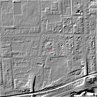 Shaded relief map of the ground around M168WX, computed from Environment Agency LiDAR. The ground here sits at about 30 m above sea level and falls 9 m across the surrounding 800 m. Surface water reaching this point runs off ground lying to the south-east, 1.6 m higher.
