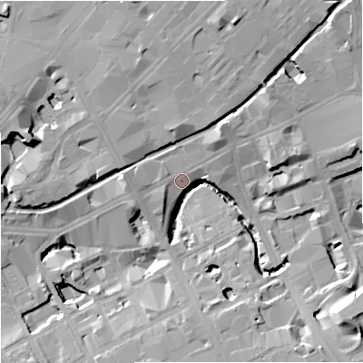Shaded relief map of the ground around M16BA, computed from Environment Agency LiDAR. The ground here sits at about 35 m above sea level and falls 20 m across the surrounding 800 m. Surface water reaching this point runs off ground lying to the north-east, 12.6 m higher.