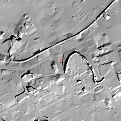 Shaded relief map of the ground around M16EX, computed from Environment Agency LiDAR. The ground here sits at about 36 m above sea level and falls 19 m across the surrounding 800 m. Surface water reaching this point runs off ground lying to the north-east, 4.1 m higher.