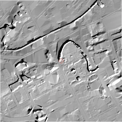 Shaded relief map of the ground around M16EY, computed from Environment Agency LiDAR. The ground here sits at about 32 m above sea level and falls 16 m across the surrounding 800 m. Surface water reaching this point runs off ground lying to the east-south-east, 15.0 m higher.