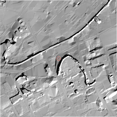 Shaded relief map of the ground around M16EZ, computed from Environment Agency LiDAR. The ground here sits at about 35 m above sea level and falls 20 m across the surrounding 800 m. Surface water reaching this point runs off ground lying to the north-east, 11.7 m higher.