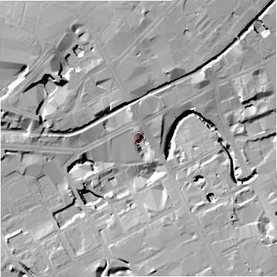 Shaded relief map of the ground around M16FU, computed from Environment Agency LiDAR. The ground here sits at about 34 m above sea level and falls 17 m across the surrounding 800 m. Surface water reaching this point runs off ground lying to the north, 7.1 m higher.