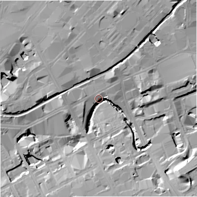 Shaded relief map of the ground around M16LG, computed from Environment Agency LiDAR. The ground here sits at about 35 m above sea level and falls 20 m across the surrounding 800 m. Surface water reaching this point runs off ground lying to the north-north-east, 12.6 m higher.