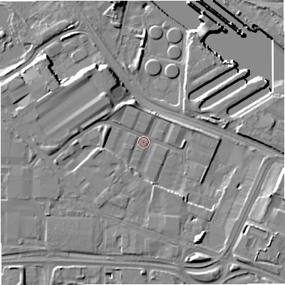 Shaded relief map of the ground around M171AY, computed from Environment Agency LiDAR. The ground here sits at about 24 m above sea level and falls 12 m across the surrounding 800 m. Surface water reaching this point runs off ground lying to the west, 3.5 m higher.