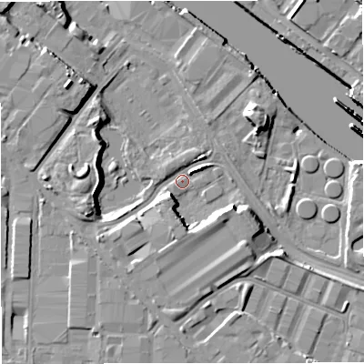 Shaded relief map of the ground around M171BS, computed from Environment Agency LiDAR. The ground here sits at about 22 m above sea level and falls 10 m across the surrounding 800 m. Surface water reaching this point runs off ground lying to the south, 5.6 m higher.