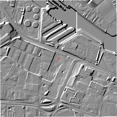 Shaded relief map of the ground around M171DJ, computed from Environment Agency LiDAR. The ground here sits at about 22 m above sea level and falls 12 m across the surrounding 800 m. Surface water reaching this point runs off ground lying to the south-south-west, 7.7 m higher.
