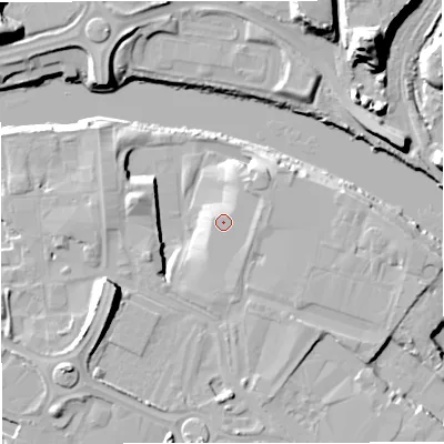 Shaded relief map of the ground around M171EQ, computed from Environment Agency LiDAR. The ground here sits at about 25 m above sea level and falls 23 m across the surrounding 800 m. Surface water reaching this point runs off ground lying to the east-south-east, 0.7 m higher.