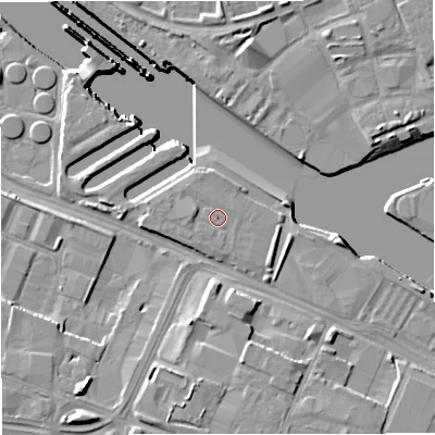 Shaded relief map of the ground around M171FZ, computed from Environment Agency LiDAR. The ground here sits at about 24 m above sea level and falls 12 m across the surrounding 800 m. Surface water reaching this point runs off ground lying to the west, 0.9 m higher.
