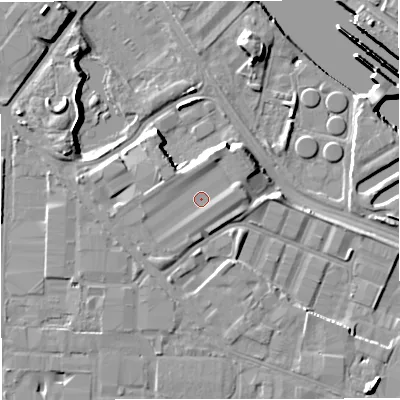 Shaded relief map of the ground around M171HA, computed from Environment Agency LiDAR. The ground here sits at about 25 m above sea level and falls 12 m across the surrounding 800 m. Surface water reaching this point runs off ground lying to the west-south-west, 1.3 m higher.