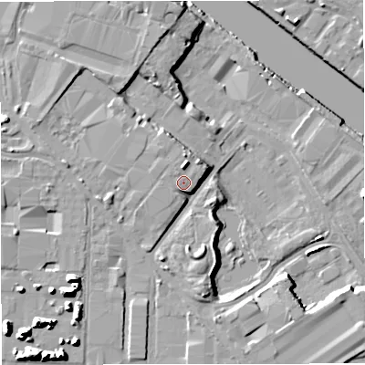 Shaded relief map of the ground around M171HB, computed from Environment Agency LiDAR. The ground here sits at about 26 m above sea level and falls 16 m across the surrounding 800 m. Surface water reaching this point runs off ground lying to the north, 2.2 m higher.