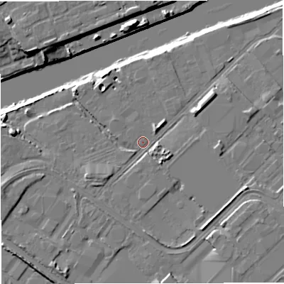 Shaded relief map of the ground around M171SX, computed from Environment Agency LiDAR. The ground here sits at about 24 m above sea level and falls 12 m across the surrounding 800 m. Surface water reaching this point runs off ground lying to the south-east, 4.0 m higher.