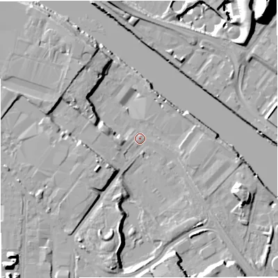 Shaded relief map of the ground around M171TU, computed from Environment Agency LiDAR. The ground here sits at about 21 m above sea level and falls 30 m across the surrounding 800 m. Surface water reaching this point runs off ground lying to the south-west, 7.4 m higher.