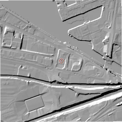 Shaded relief map of the ground around M171WS, computed from Environment Agency LiDAR. The ground here sits at about 26 m above sea level and falls 14 m across the surrounding 800 m. Surface water reaching this point runs off ground lying to the south-south-east, 2.7 m higher.