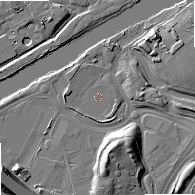 Shaded relief map of the ground around M178RH, computed from Environment Agency LiDAR. The ground here sits at about 22 m above sea level and falls 21 m across the surrounding 800 m. The ground contributing surface water to this point lies to the south-east.