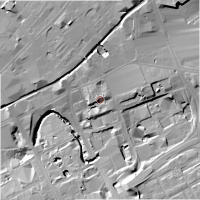 Shaded relief map of the ground around M17AB, computed from Environment Agency LiDAR. The ground here sits at about 38 m above sea level and falls 20 m across the surrounding 800 m. Surface water reaching this point runs off ground lying to the north-north-east, 9.0 m higher.
