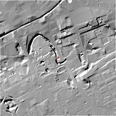 Shaded relief map of the ground around M17AF, computed from Environment Agency LiDAR. The ground here sits at about 30 m above sea level and falls 15 m across the surrounding 800 m. Surface water reaching this point runs off ground lying to the south-east, 14.3 m higher.