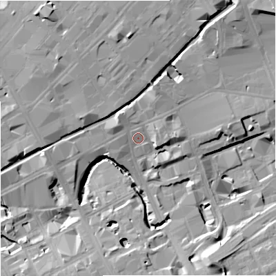Shaded relief map of the ground around M17AG, computed from Environment Agency LiDAR. The ground here sits at about 36 m above sea level and falls 21 m across the surrounding 800 m. Surface water reaching this point runs off ground lying to the east, 4.6 m higher.