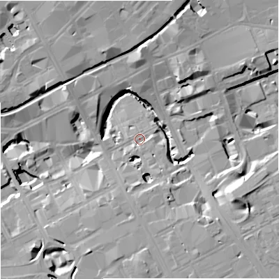 Shaded relief map of the ground around M17AW, computed from Environment Agency LiDAR. The ground here sits at about 31 m above sea level and falls 16 m across the surrounding 800 m. Surface water reaching this point runs off ground lying to the east-south-east, 14.9 m higher.