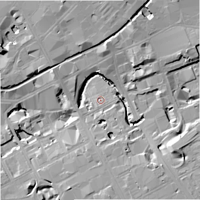 Shaded relief map of the ground around M17BD, computed from Environment Agency LiDAR. The ground here sits at about 31 m above sea level and falls 17 m across the surrounding 800 m. Surface water reaching this point runs off ground lying to the north-east, 15.4 m higher.