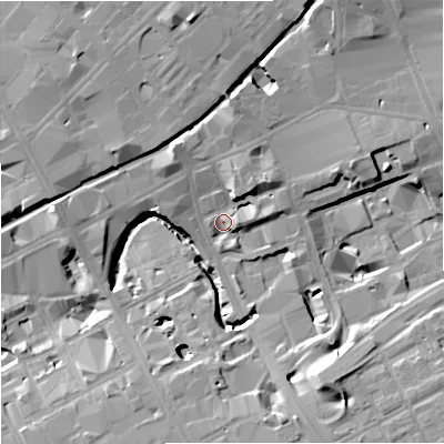 Shaded relief map of the ground around M17BG, computed from Environment Agency LiDAR. The ground here sits at about 34 m above sea level and falls 19 m across the surrounding 800 m. Surface water reaching this point runs off ground lying to the south-south-east, 14.9 m higher.