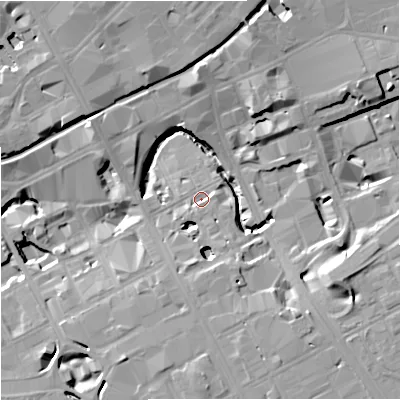 Shaded relief map of the ground around M17BN, computed from Environment Agency LiDAR. The ground here sits at about 31 m above sea level and falls 16 m across the surrounding 800 m. Surface water reaching this point runs off ground lying to the east-south-east, 14.9 m higher.