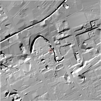 Shaded relief map of the ground around M17DA, computed from Environment Agency LiDAR. The ground here sits at about 31 m above sea level and falls 17 m across the surrounding 800 m. Surface water reaching this point runs off ground lying to the south-east, 14.9 m higher.