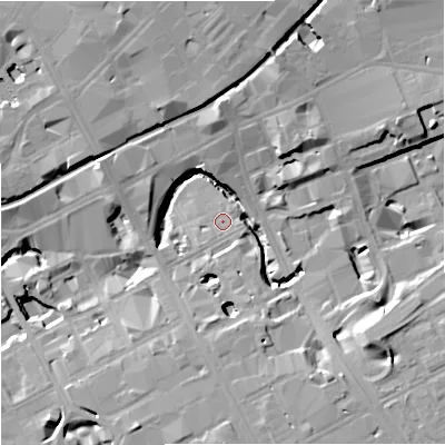 Shaded relief map of the ground around M17DB, computed from Environment Agency LiDAR. The ground here sits at about 31 m above sea level and falls 17 m across the surrounding 800 m. Surface water reaching this point runs off ground lying to the north-east, 15.4 m higher.