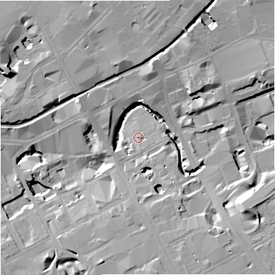 Shaded relief map of the ground around M17DE, computed from Environment Agency LiDAR. The ground here sits at about 30 m above sea level and falls 17 m across the surrounding 800 m. Surface water reaching this point runs off ground lying to the north-east, 15.4 m higher.