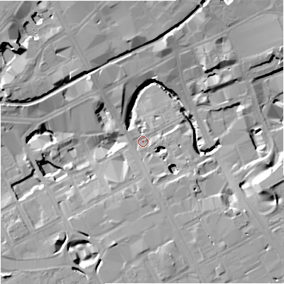 Shaded relief map of the ground around M17DF, computed from Environment Agency LiDAR. The ground here sits at about 33 m above sea level and falls 16 m across the surrounding 800 m. Surface water reaching this point runs off ground lying to the east-south-east, 15.0 m higher.