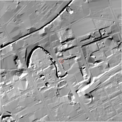 Shaded relief map of the ground around M17DG, computed from Environment Agency LiDAR. The ground here sits at about 33 m above sea level and falls 16 m across the surrounding 800 m. Surface water reaching this point runs off ground lying to the south-east, 14.9 m higher.