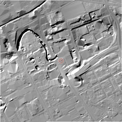 Shaded relief map of the ground around M17DN, computed from Environment Agency LiDAR. The ground here sits at about 33 m above sea level and falls 15 m across the surrounding 800 m. Surface water reaching this point runs off ground lying to the south-east, 9.6 m higher.