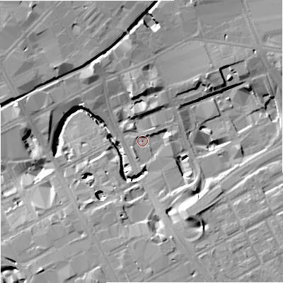 Shaded relief map of the ground around M17DQ, computed from Environment Agency LiDAR. The ground here sits at about 33 m above sea level and falls 16 m across the surrounding 800 m. Surface water reaching this point runs off ground lying to the south-south-east, 14.9 m higher.