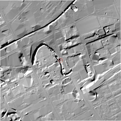 Shaded relief map of the ground around M17EN, computed from Environment Agency LiDAR. The ground here sits at about 30 m above sea level and falls 17 m across the surrounding 800 m. Surface water reaching this point runs off ground lying to the south-east, 14.7 m higher.