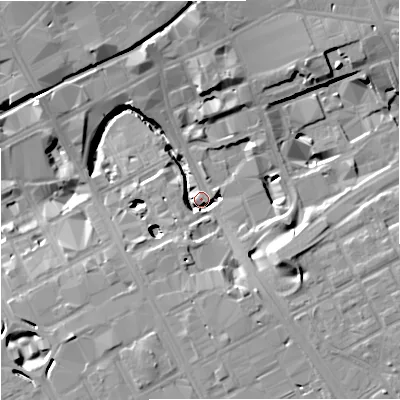 Shaded relief map of the ground around M17EP, computed from Environment Agency LiDAR. The ground here sits at about 32 m above sea level and falls 15 m across the surrounding 800 m. Surface water reaching this point runs off ground lying to the south-east, 14.3 m higher.