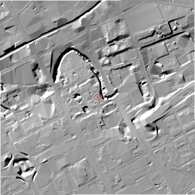 Shaded relief map of the ground around M17FB, computed from Environment Agency LiDAR. The ground here sits at about 34 m above sea level and falls 16 m across the surrounding 800 m. Surface water reaching this point runs off ground lying to the east-south-east, 14.3 m higher.