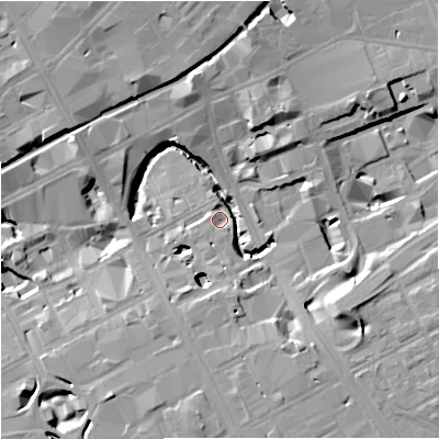 Shaded relief map of the ground around M17FF, computed from Environment Agency LiDAR. The ground here sits at about 32 m above sea level and falls 16 m across the surrounding 800 m. Surface water reaching this point runs off ground lying to the south-east, 14.5 m higher.